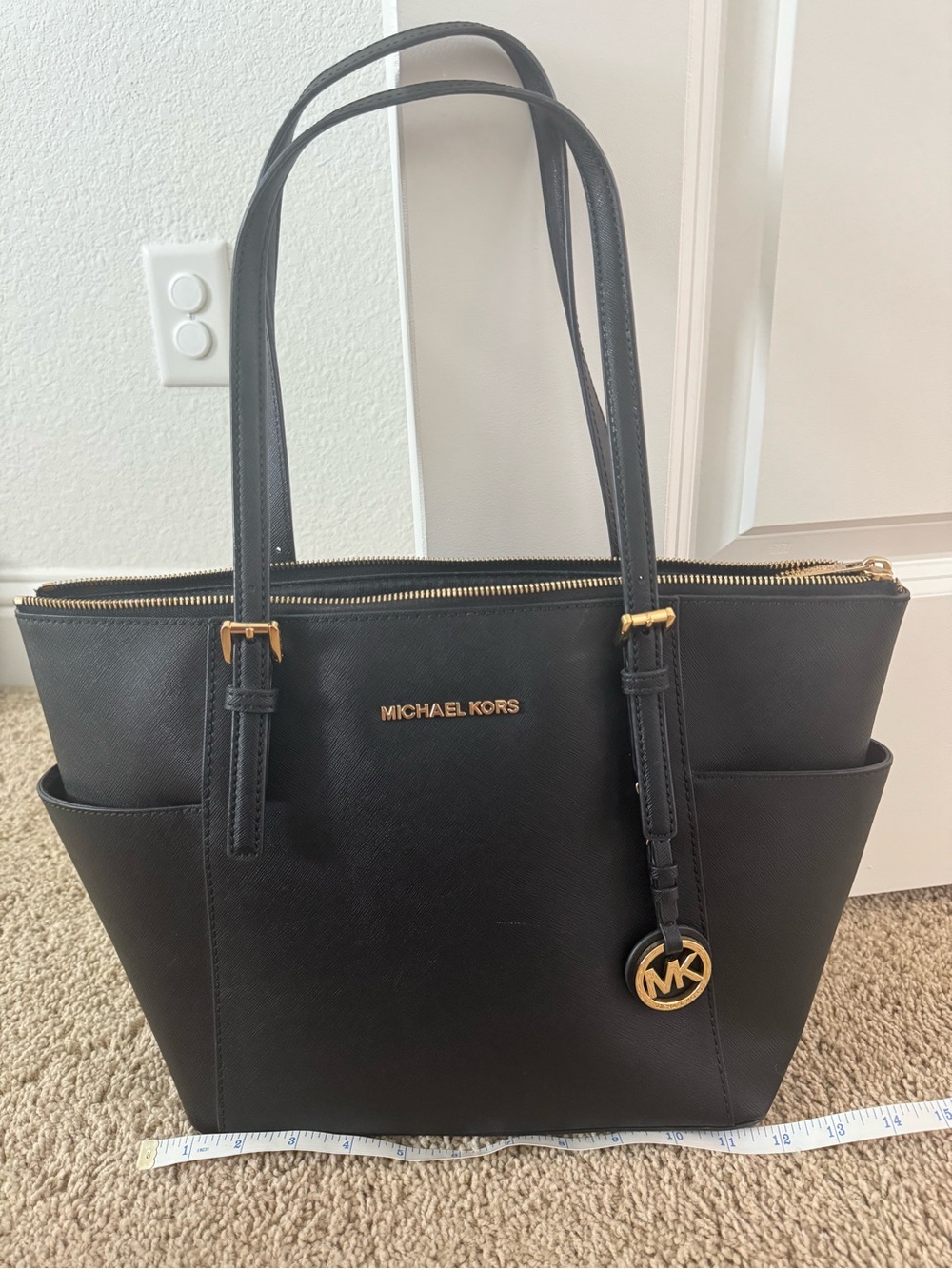 MICHAEL KORS Black Saffiano Shoulder Tote with Gold Hardware